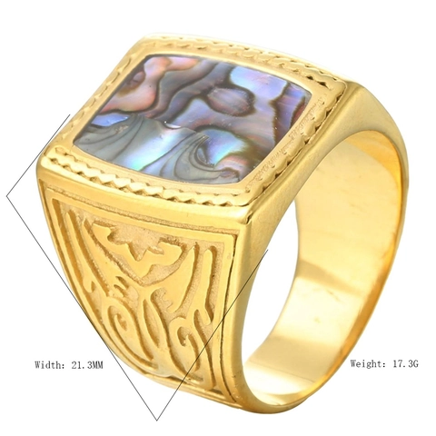 Vintage Men Square Signet Ring With Natural Abalone Shell Inlay Retro Relief Pattern Punk Metal Finger Ring Jewelry Accessory