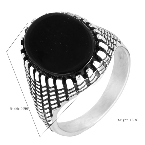 Anillo De Acero Inoxidable Vintage Para Hombre Mujer Rétro Óvalo Ónix Negro Piedra Preciosa Geométrico Acanalado Relieve Joyería