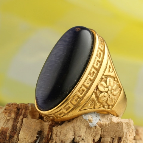 Anillo de Acero Inoxidable Vintage para Hombre Chapado en Oro Piedra de Ojo de Gato Sintética Ovalada Anello Sello Punk Joyería