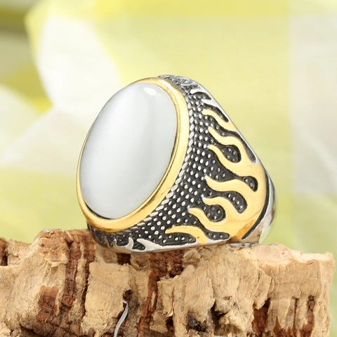 Retro Punk Hip Hop Flammenmuster Edelstahl Ring Für Herren Mit Rot Weiß Strass Tigerauge Stein Geometrischer Schmuck Ring