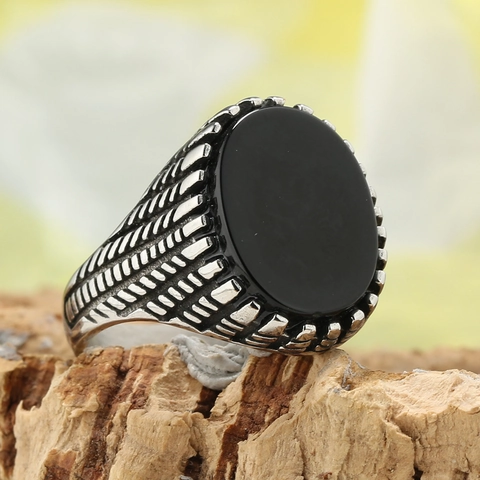 Anillo De Acero Inoxidable Vintage Para Hombre Mujer Rétro Óvalo Ónix Negro Piedra Preciosa Geométrico Acanalado Relieve Joyería