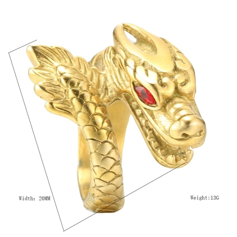 Vintage Titanium Steel Dragon Ring For Men Gothic Punk Jewelry Gold Plated Red Rhinestone Eye Inlaid Statement Ring Gift
