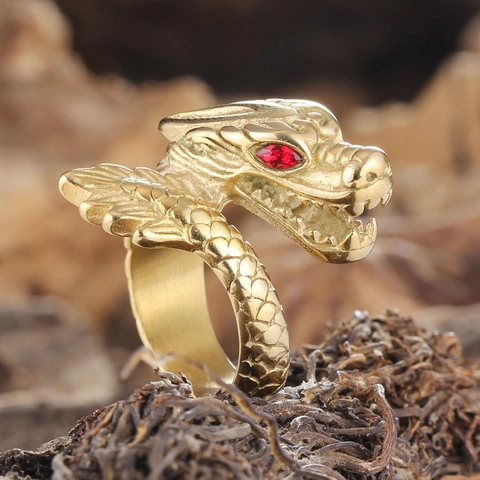 Vintage Titanium Steel Dragon Ring For Men Gothic Punk Jewelry Gold Plated Red Rhinestone Eye Inlaid Statement Ring Gift