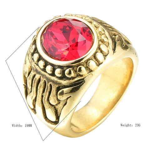 Retro Men's Stainless Steel Ring With Large Red Rhinestone Vintage Punk Geometric Inlaid Geometric Band Jewelry For Men