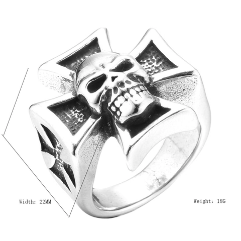 Vintage Stainless Steel Skull Iron Cross Ring Punk Gothic Biker Ring For Men Retro Silver Fashion Biker Jewelry