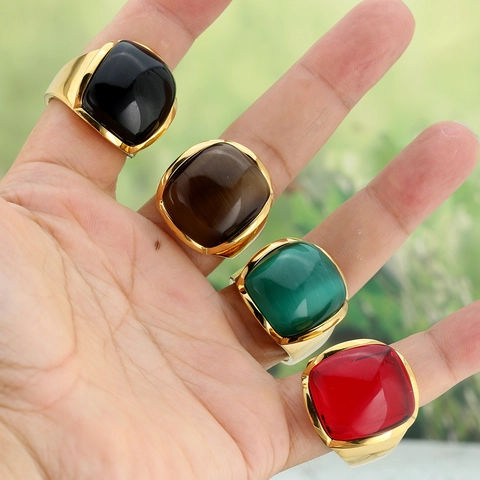 Anello in Acciaio Inossidabile Vintage per Uomo Donna Grande Pietra Occhio di Gatto Artificiale Anello Esagerato Lucidato