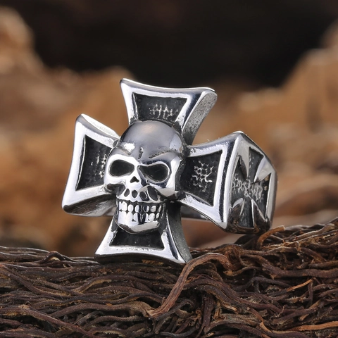 Vintage Stainless Steel Skull Iron Cross Ring Punk Gothic Biker Ring For Men Retro Silver Fashion Biker Jewelry