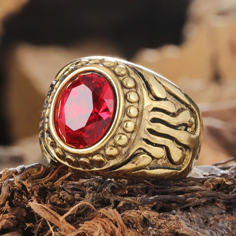 Vintage Men Stainless Steel Ring With Large Red Zirconia Antique Gold Plated Embossed Pattern Gothic Punk Jewelry