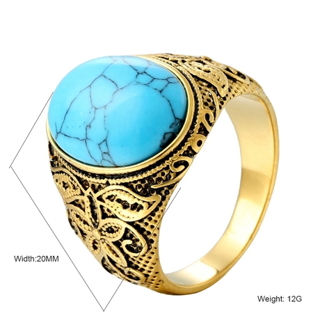 Vintage Titanium Steel Ring For Men Women Gold Engraved Band With Oval Artificial Stone Inlay Retro Bohemian Ethnic Jewelry Ring