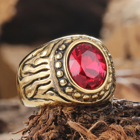 Retro Men's Stainless Steel Ring With Large Red Rhinestone Vintage Punk Geometric Inlaid Geometric Band Jewelry For Men
