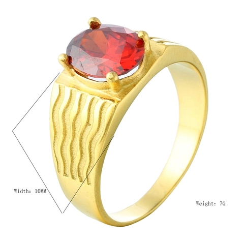 Fashion Stainless Steel Wave Pattern Ring Gold Plated Large Round Red White Rhinestone Inlaid Geometric Band Ring For Men Women Jewelry