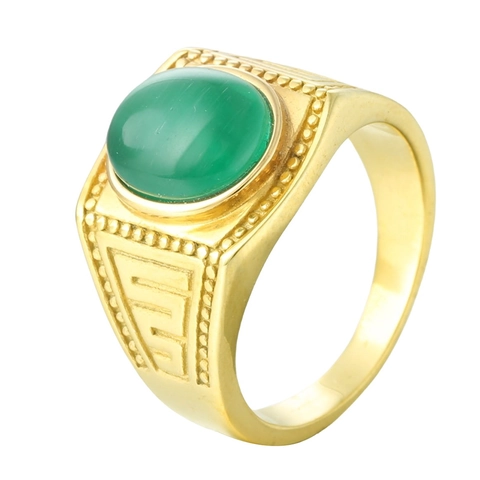 Vintage Titanium Steel Ring For Men Women Gold Plated Oval Cat Eye Stone Abalone Shell Inlay Great Wall Pattern Fashion Jewelry Finger Ring