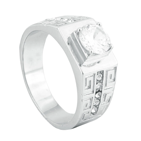 Anillo de Acero Inoxidable con Patrón de Greca para Hombre Mujer con Diamante de Imitación Redondo Incrustado para Boda Moda