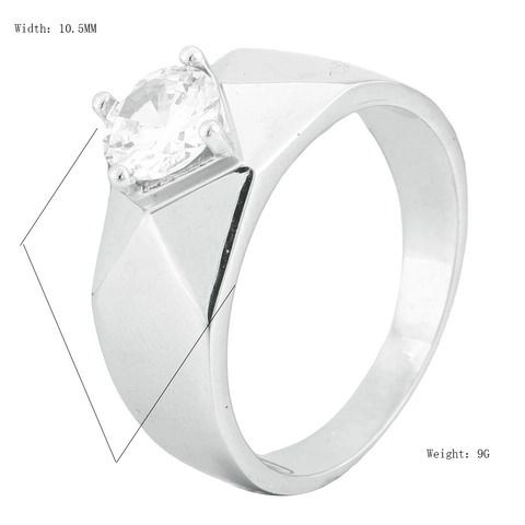 Fashion Stainless Steel Geometric Faceted Men Ring Polished Band With Large Round Clear Rhinestone Prong Setting Jewelry