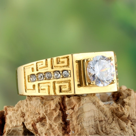 Anillo de Acero Inoxidable con Patrón de Greca para Hombre Mujer con Diamante de Imitación Redondo Incrustado para Boda Moda