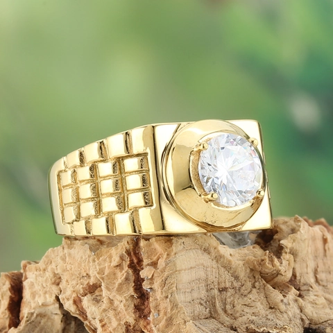 Anello in Acciaio al Titanio a Fascia Larga da Uomo Con Strass Rotondo Lucido Texture a Griglia Geometrica Anello da Dito Matrimonio Hip Hop Tendenza