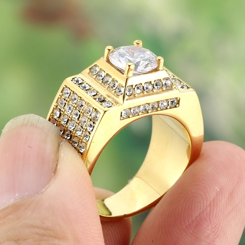 Anello in Acciaio Inossidabile Square Halo Hip Hop per Uomo Moda Bling Strass Intarsiato Oro Argento Placcato Gioielli Anello Uomo