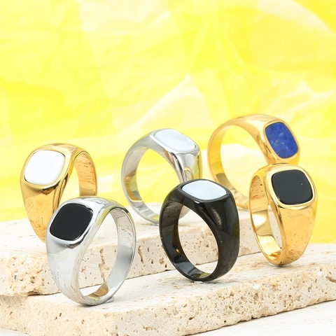 Vintage Men Stainless Steel Signet Ring Square Stone Inlay Hip Hop Polished Fashion Jewelry Finger Ring Gift