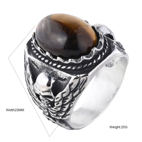 Herren Vintage Gothic Totenkopf Flügel Edelstahl Ring Oval Türkis Tigerauge Edelstein Punk Rock Biker Finger Schmuck