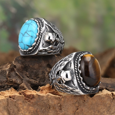 Herren Vintage Gothic Totenkopf Flügel Edelstahl Ring Oval Türkis Tigerauge Edelstein Punk Rock Biker Finger Schmuck