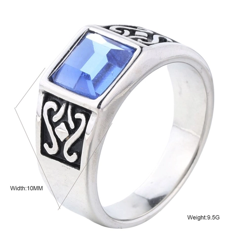 Vintage Men Stainless Steel Square Rhinestone Ring Celtic Knot Engraved Polished Inlaid Geometric Banquet Party Fashion Jewelry