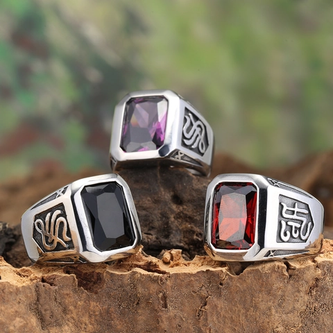Anello con Sigillo da Uomo Vintage in Acciaio Inossidabile Gotico Geometrico Quadrato Strass Intarsiato Gioielli da Dito Politi per Festa Regalo Uomo
