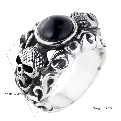 Anello Teschio in Acciaio Inossidabile Vintage per Uomo Gotico Punk Intarsiato con Pietra Occhio di Tigre Nera Gioielli