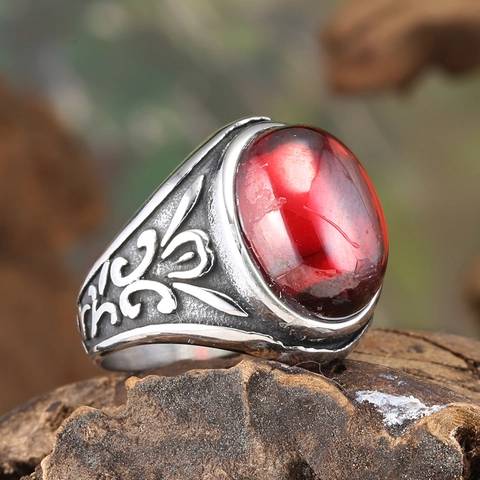 Anello in Acciaio Inossidabile Vintage Punk per Uomo Donna Grande Zirconia Ovale Intarsiata Motivo Floreale a Rilievo Gioielli Retro