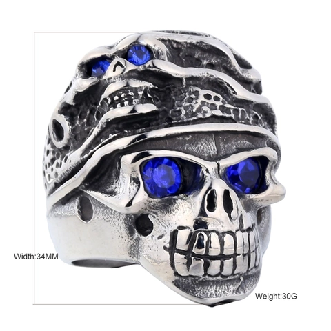 Vintage Gothic Skull Ring For Men Stainless Steel Punk Rock Jewelry With Blue Rhinestone Eyes Retro Biker Finger Ring Accessory