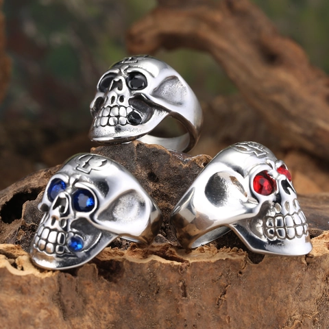 Anello a Teschio Gotico in Acciaio Inossidabile per Uomo Donna Punk Rock Anello da Dito Scheletro Con Occhi di Strass Gioielli