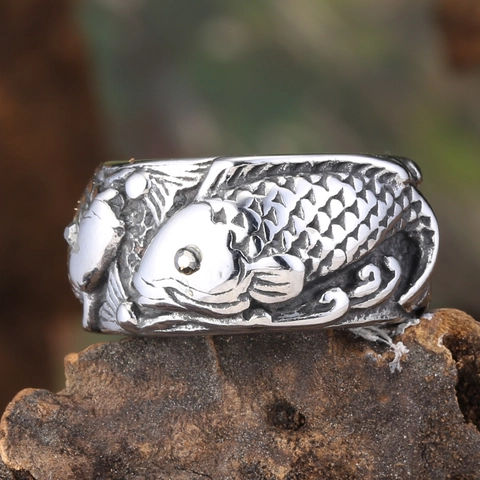 Retro Edelstahl Doppel Karpfen Relief Breites Band Ring Für Herren Damen Chinesischer Stil Vintage Punk Schmuck Fingerring