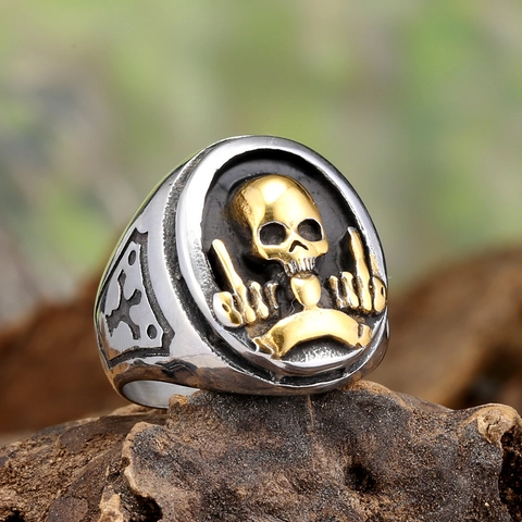 Anello Teschio in Acciaio Inossidabile Retro Punk per Uomo Vintage Gotico Scheletro Gesto del Dito Medio Anello Sigillo Biker Rock Hip Hop Gioielli