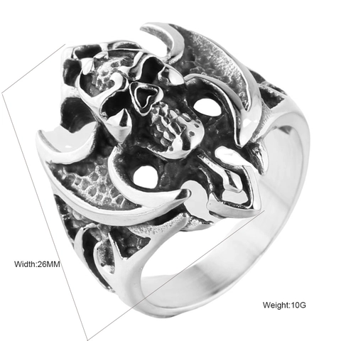 Anillo de Calavera Gótico Vintage para Hombre Acero Inoxidable Grabado Hueco Biker Punk Band Joyería Color Plata Desgastado