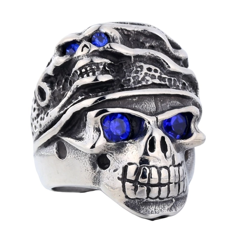 Vintage Gothic Skull Ring For Men Stainless Steel Punk Rock Jewelry With Blue Rhinestone Eyes Retro Biker Finger Ring Accessory