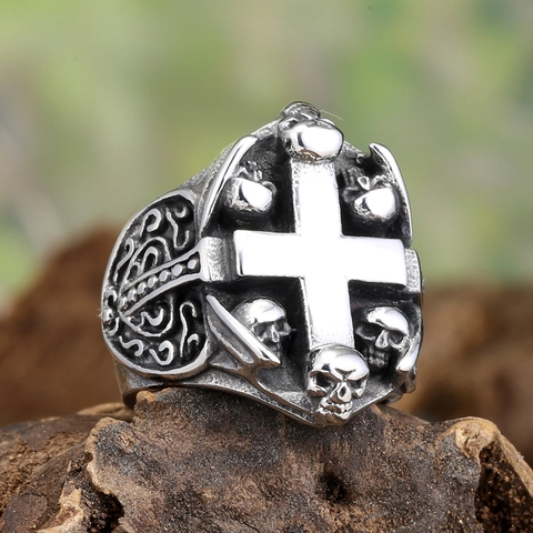 Anillo Gótico Punk de Acero Inoxidable con Cruz y Calavera para Hombre Vintage Oro Plata Bicolor Rock Biker Joyería