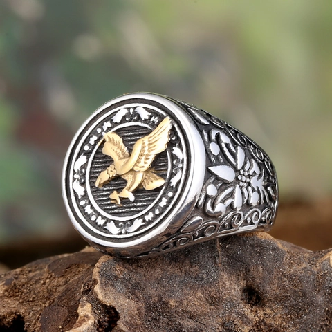 Anello con Sigillo Aquila in Acciaio Inossidabile Vintage per Uomo Retro Biker Punk Gothic Inciso Bicolore Oro Argento Gioielli