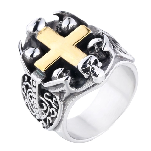 Anillo Gótico Punk de Acero Inoxidable con Cruz y Calavera para Hombre Vintage Oro Plata Bicolor Rock Biker Joyería