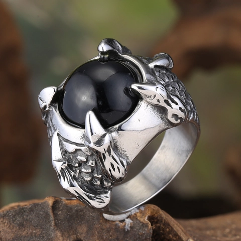 Anillo de Garra de Dragón de Acero Inoxidable Retro Punk para Hombre Mujer Gótico Vintage Envejecido Escama de Dragón Piedra Negra Joyería