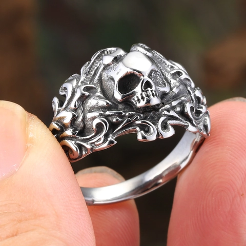 Anillo de Calavera de Acero Inoxidable Vintage para Hombre Gothic Punk Distressed Biker Ring Joyería de Dedo de Esqueleto