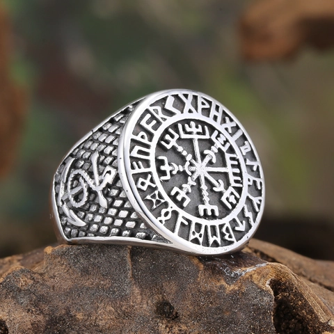 Anillo Vikingo Brújula Vegvisir Vintage Acero Inoxidable 316L Hombre Runas Nórdicas Retro Punk Biker Anillo Joyería