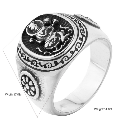Anillo Budista Tibetano Vintage de Acero Inoxidable para Hombre Unisex Relieve Buda Geométrico Desgastado Estilo Étnico Joyería