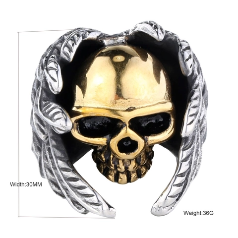 Anello Punk Gotico Vintage in Acciaio Inossidabile con Teschio e Ali per Uomo Bicolore Oro Argento Hip Hop Biker Rock Gioielli