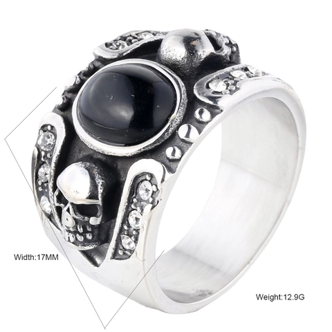 Anello in Acciaio Inossidabile con Teschio Gotico Vintage per Uomo Anello Punk con Strass e Pietra Nera Gioielli Retro Biker