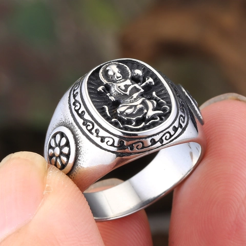 Anillo Budista Tibetano Vintage de Acero Inoxidable para Hombre Unisex Relieve Buda Geométrico Desgastado Estilo Étnico Joyería