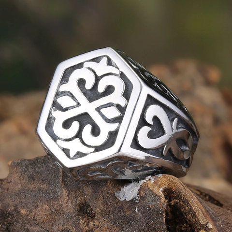 Anillo de Sello Vintage Gothic Punk Totem de Acero Inoxidable para Hombre Patrón de Relieve Hexagonal Pulido Joyería Retro