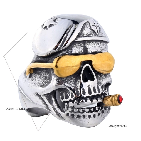 Anello da Uomo Punk in Acciaio Inossidabile a Forma di Teschio Con Basco Occhiali da Sole Sigaro Strass Rosso Gioielli Biker