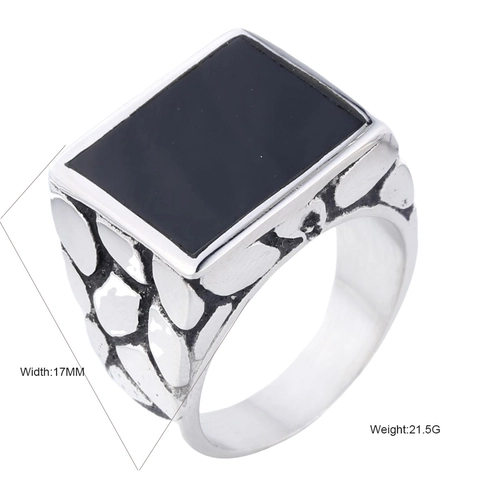 Anillo de Sello Vintage de Acero Inoxidable para Hombre Cara Cuadrada de Obsidiana Negra Textura de Guijarro Banda Retro Simple Moda