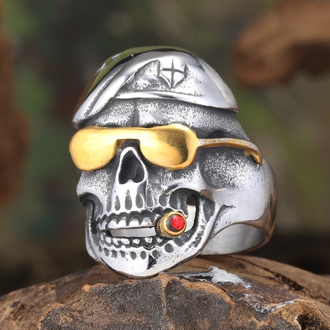 Anello da Uomo Punk in Acciaio Inossidabile a Forma di Teschio Con Basco Occhiali da Sole Sigaro Strass Rosso Gioielli Biker