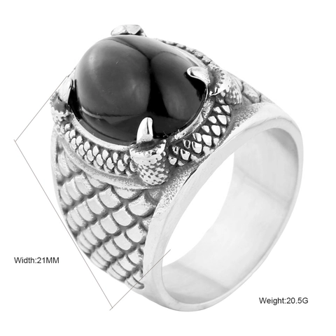 Anello da Uomo Vintage ad Artiglio di Drago in Acciaio Inossidabile con Agata Nera Punk Gothic Hip Hop Gioielli