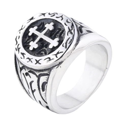 Anillo de Cruz de Acero Inoxidable Vintage para Hombre Mujer Anillo de Sello Religioso Gótico Grabado de Runas Retro Joyería Biker